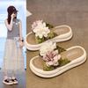 2025 Summer New National Style Beaded Rose Soft Belt Fashionable Versatile Beach Wear Thick-bottomed Comfortable Slippers