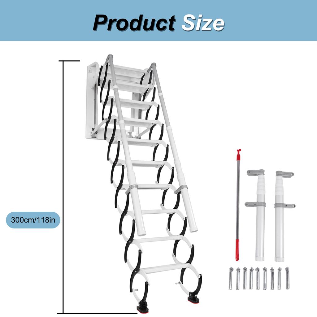 Wall-Mounted Telescopic Stairs W/ Handrails Folding Attic Stairs Retractable Loft Ladder for Indoor Outdoor/Storehouse/Basement