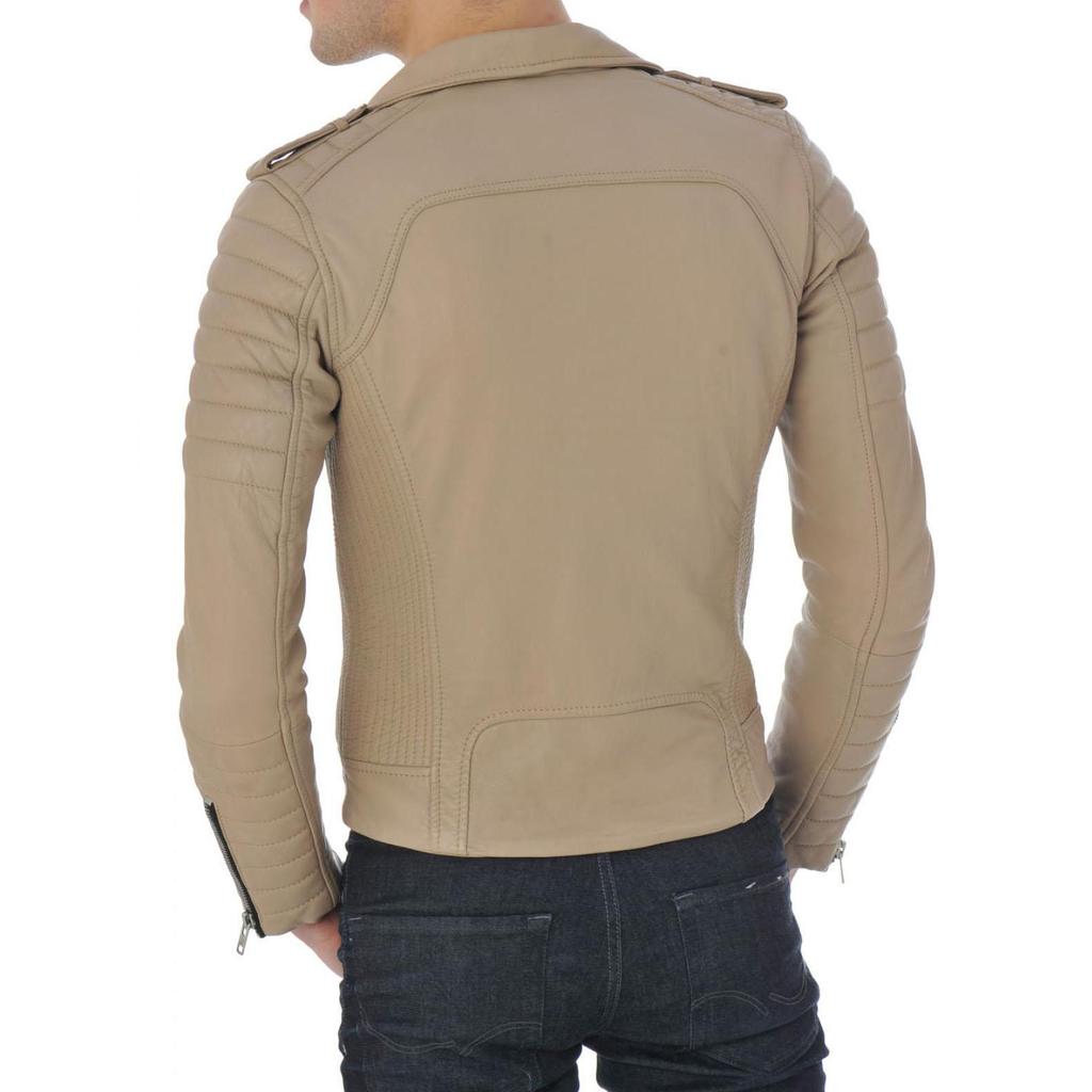SkinOutfit Men's Genuine Lambskin Beige Leather Jacket Stylish Motorcycle Bomber Biker Outerwear MJ 243