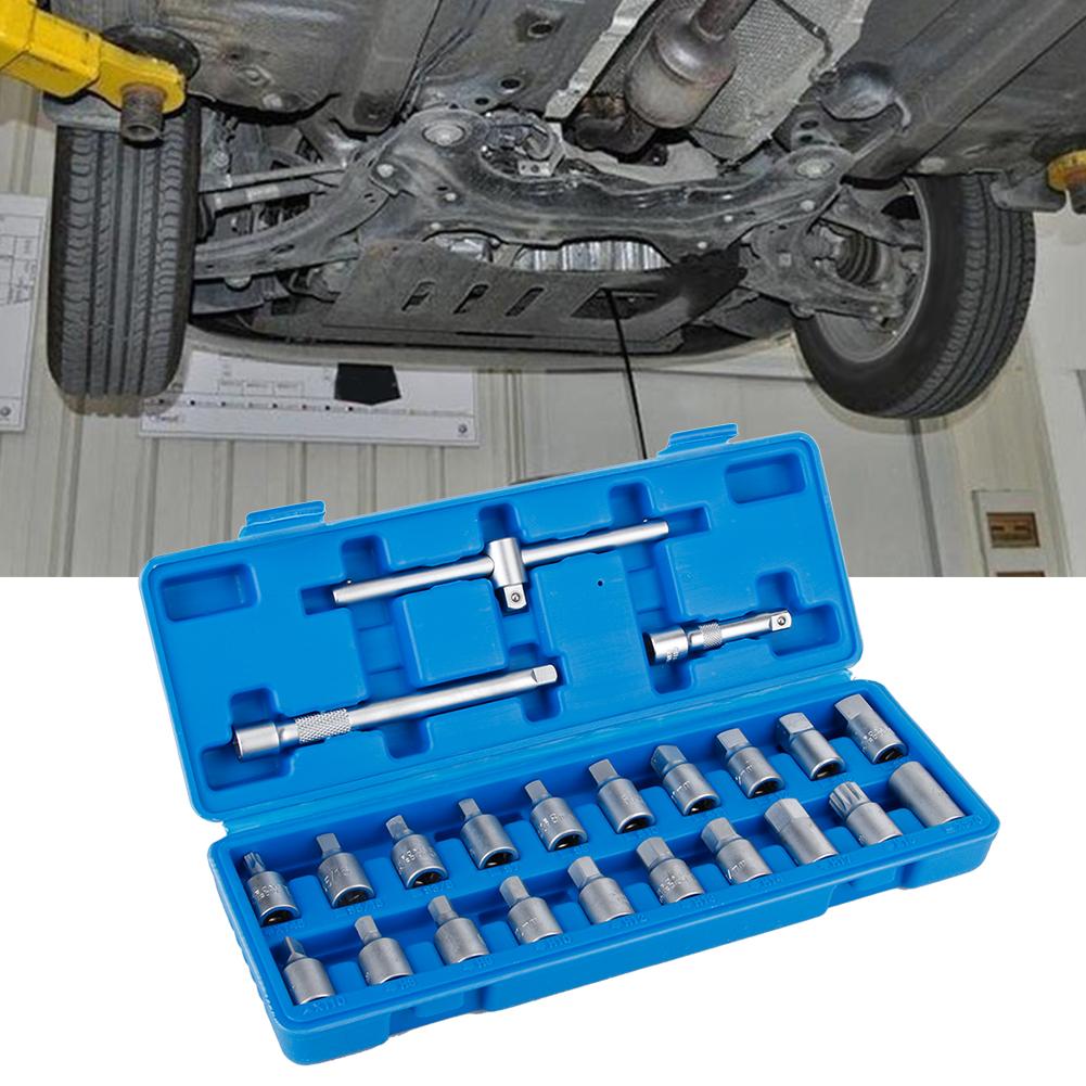 23Pcs Set 3 8in Oil Drain Sump Screw Sleeve Wrench Removal Kit Car Repairing Tool