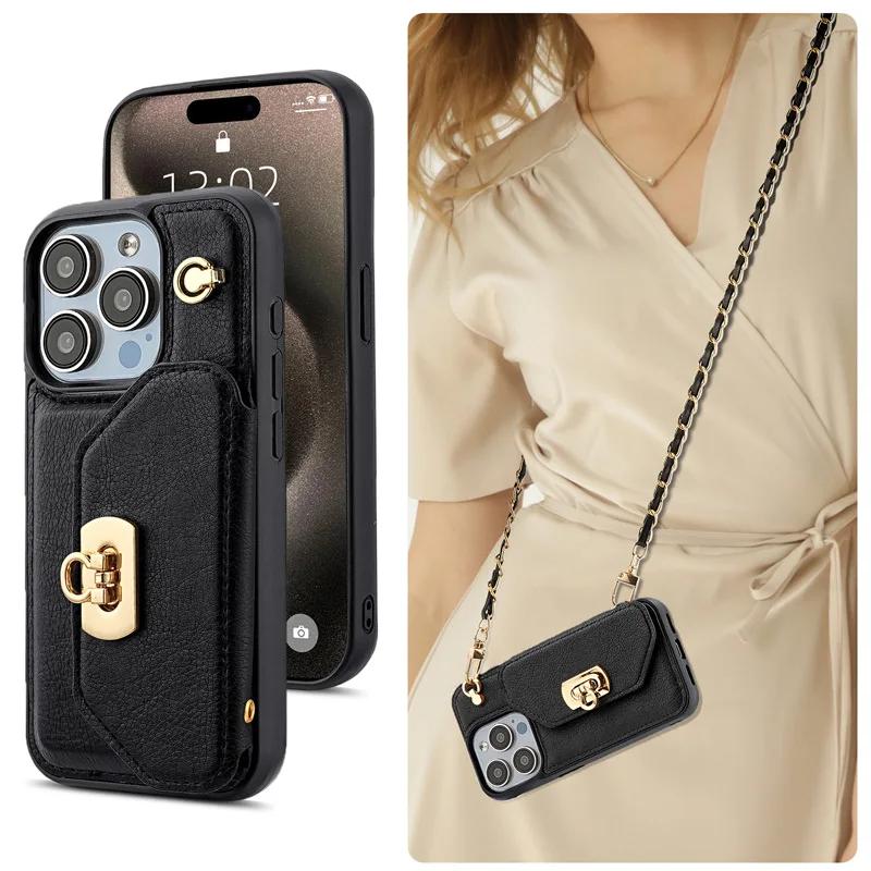 Crossbody Leather Phone Case Wallet with Card Holder for IPhone 16 15 14 Plus 13 Pro Max Stand Shockproof Protective Cover Women