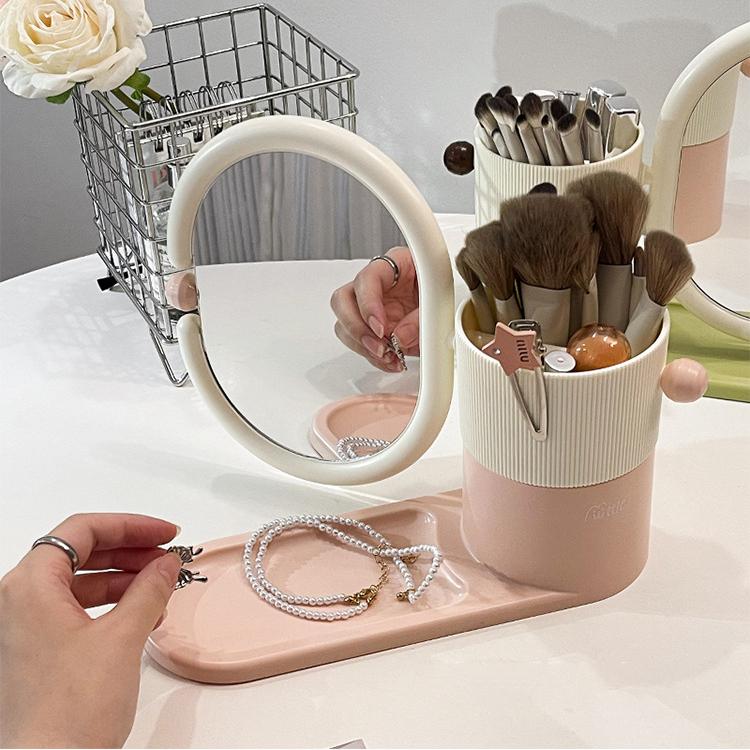 Rotatable Makeup Mirror with Storage Box, Desktop Cosmetic Brush Holder, Multifunctional Table Vanity Mirror Tray