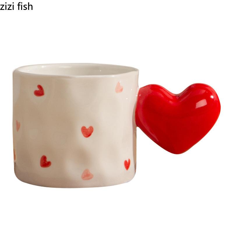 Creative Heart Shaped Ceramic Mug High Beauty Polka Dot Coffee Mug Office Cute Milk Cup Breakfast Cup Household Water Cups