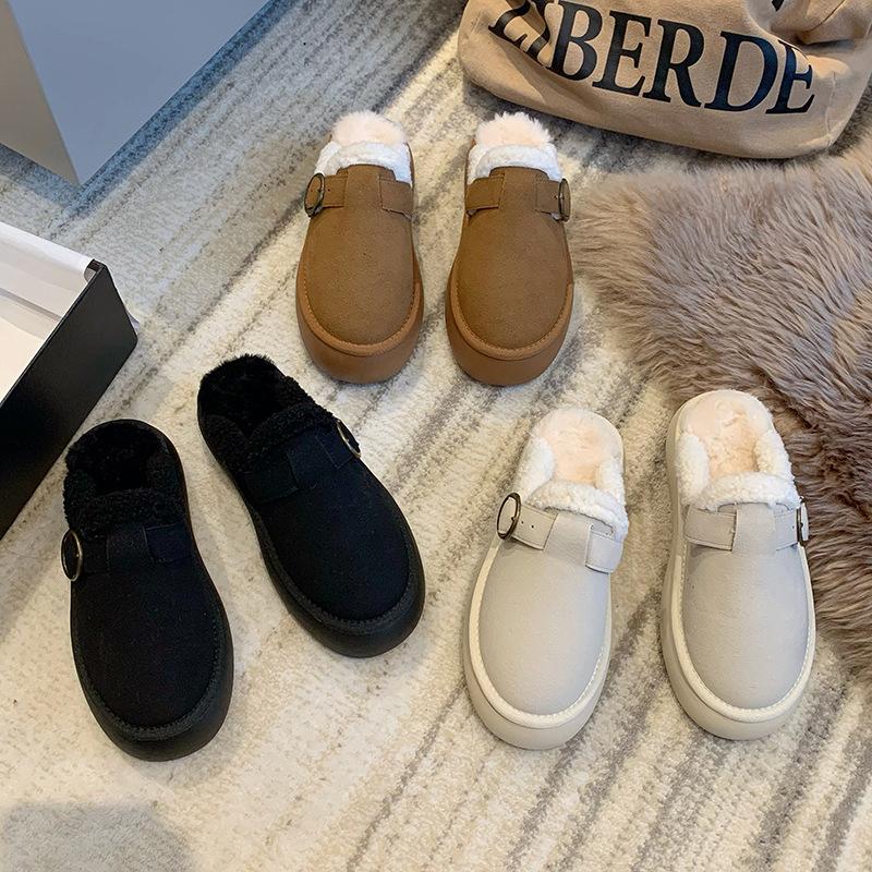 Autumn and Winter New Muffin Thick-soled Bag Head Half-drag Fluffy Shoes Women's Fashion Belt Buckle Outer Wear Cotton Slippers