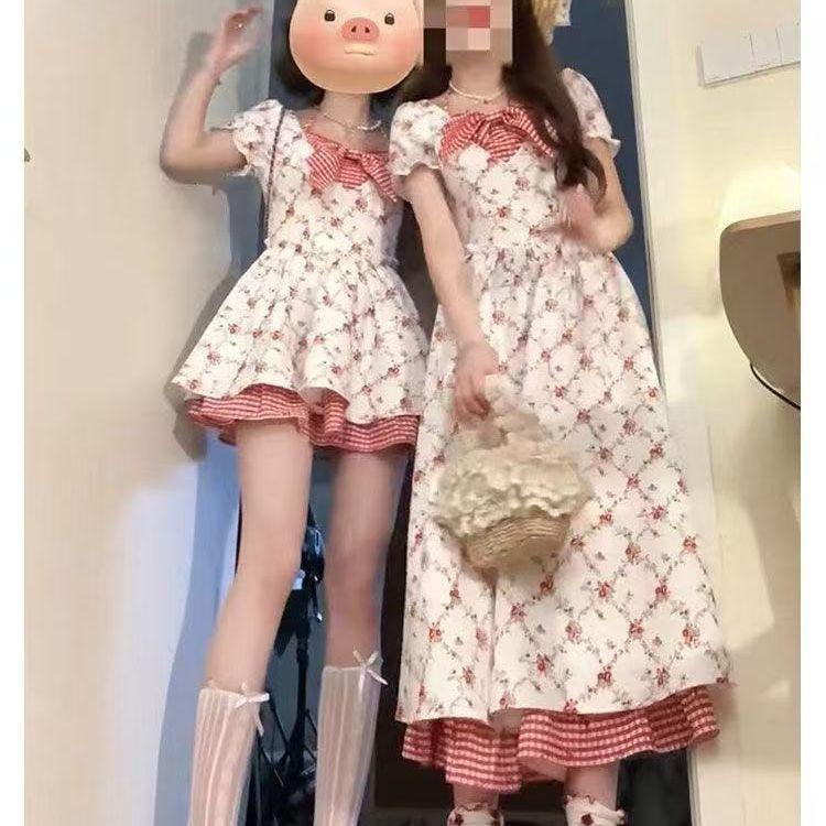 Girls Summer Plaid Spliced Short Sleeve Princess Dress Middle Big Kids Chic Versatile Casual Dress