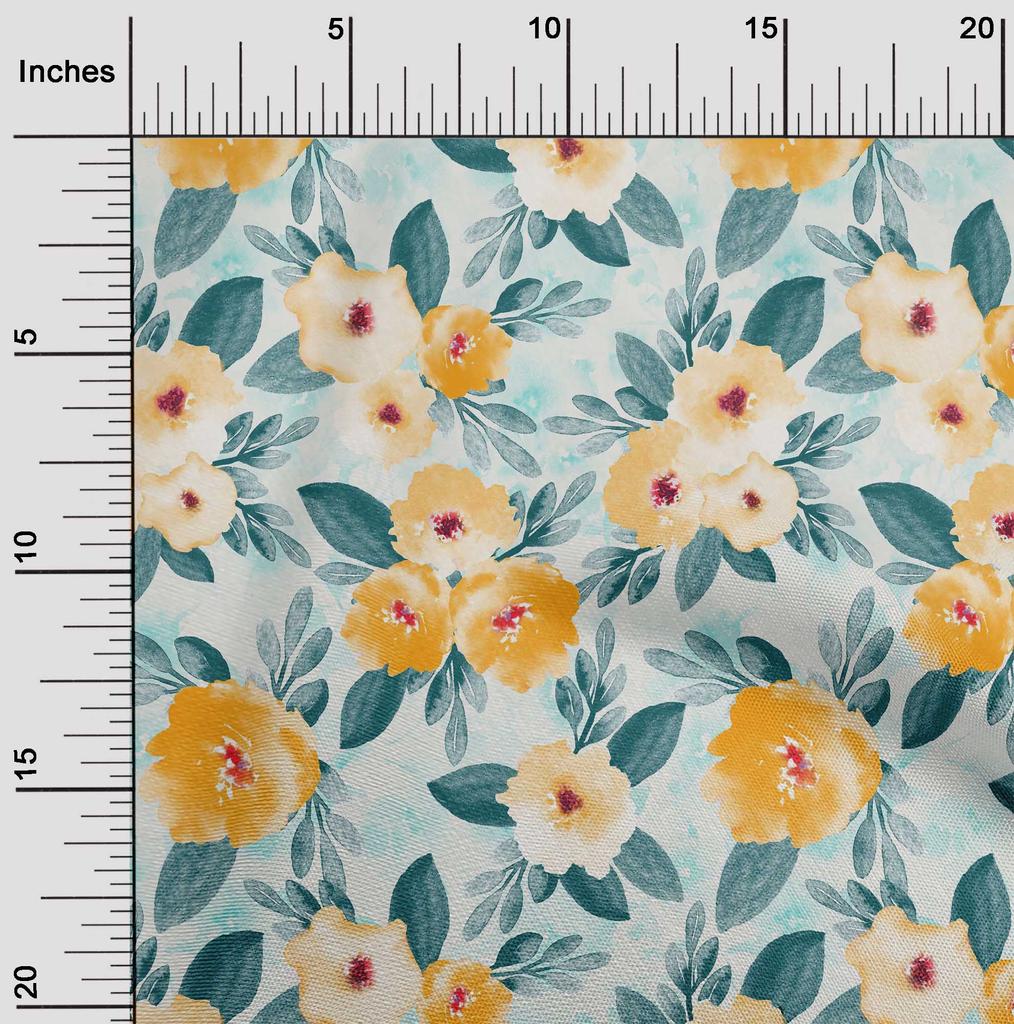 oneOone Cotton Flex Fabric Watercolor Leaves & Peony Floral Print Fabric BTY 40 Inch