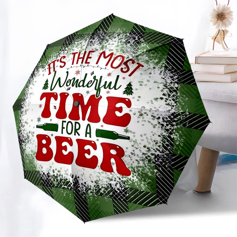 

1pc It s The Most Wonderful Time For A Beer Buffalo Plaid Auto Open Close Umbrella - Portable Tri-Fold Design with 8 Ribs - Outdoor Rain Gear - Fest