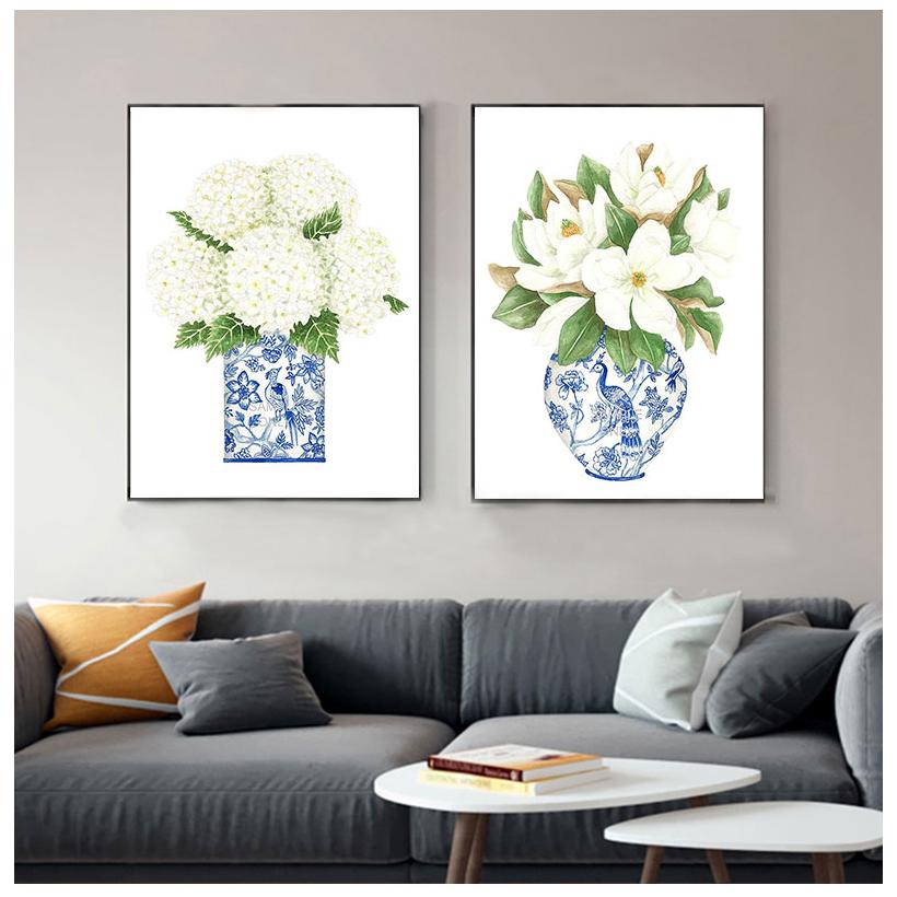 Stampe di Ortensia Magnolia Cinese Blu e Bianca Arte Chinoiserie Pittura su Tela Arte da Parete da Galleria Immagine Poster Decorazione Murale di Tendenza