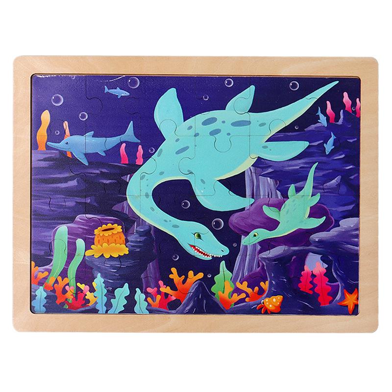 Laserový srub 24 dílků Dřevěné puzzle Dětské zvířecí kreslené dinosauří letadlo Puzzle hračka