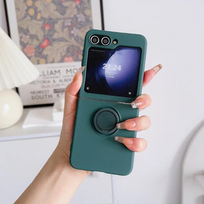 Simple Solid Color Rotating Ring Bracket Phone Case For Samsung Galaxy Z Flip 7 6 5 4 3 Soft Silicone Shockproof Protector Cover