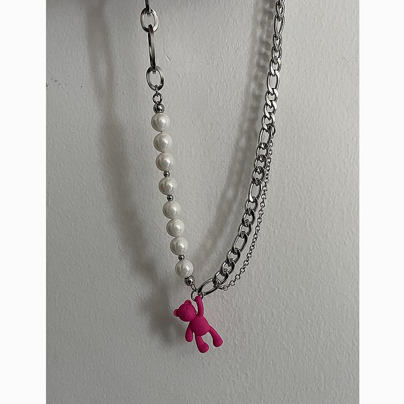 Pink Bear Pendant Necklace For Women Girls Cute Animal Jewelry With Pearl Chain