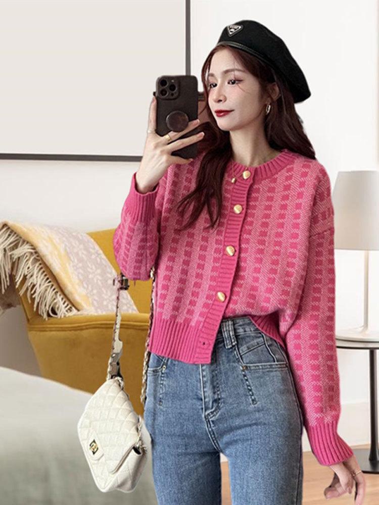 2024 Pink Plaid Knit Cardigan: Cute, Slimming, and Fashionable Spring/Autumn Sweater for Women