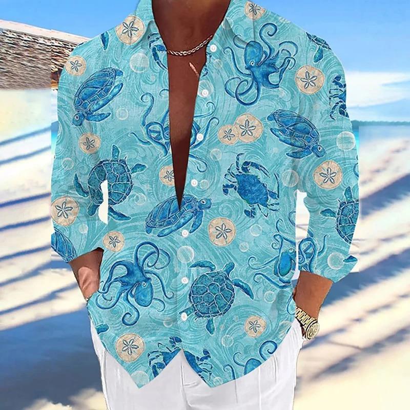 Men's Long-sleeved Shirt Casual And Comfortable Printed Sea Octopus Turtle Series Pattern Hawaiian Comfortable Large Size