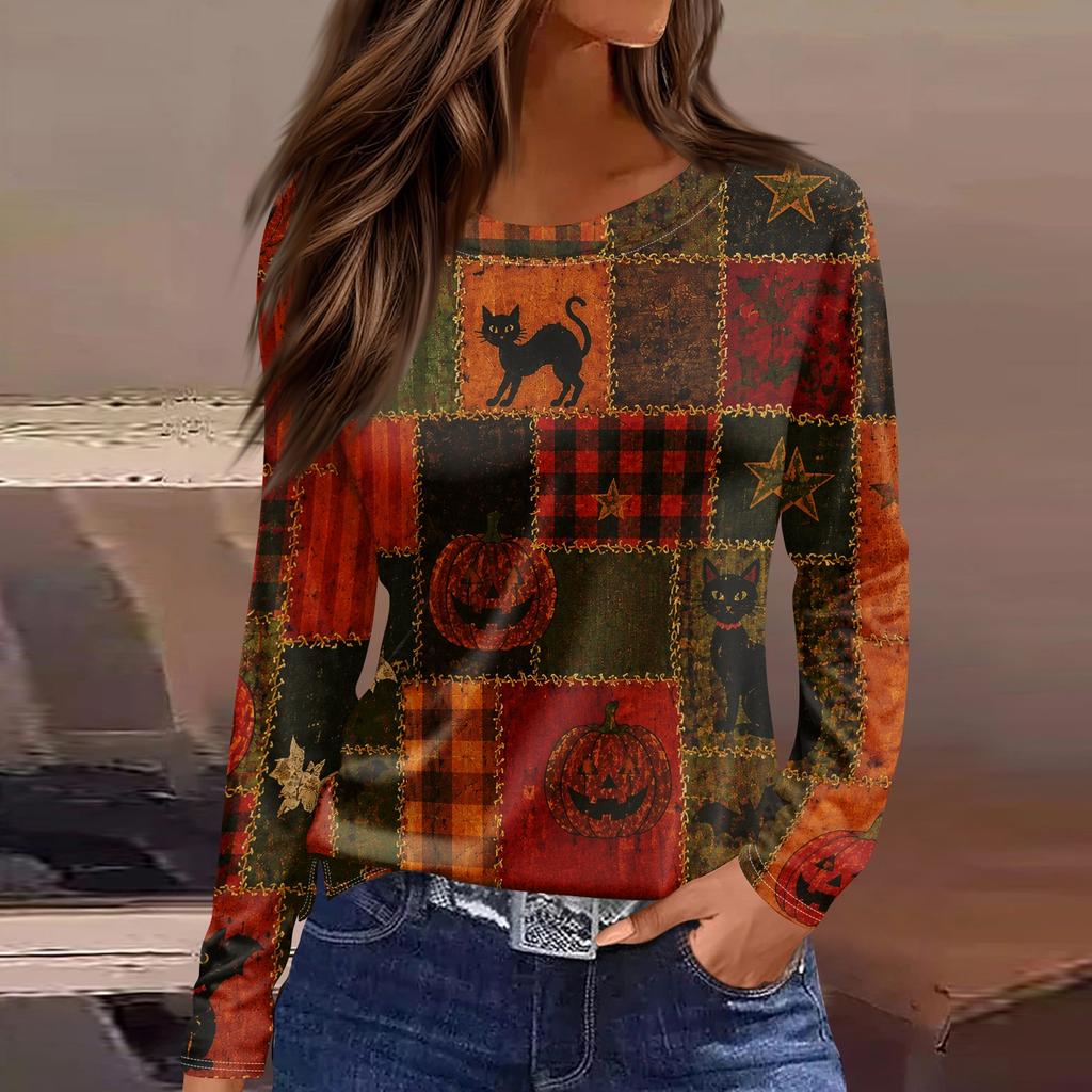 Women's Casual Long Sleeve Maple Leaf Print Round Neck Blouse for Everyday Wear