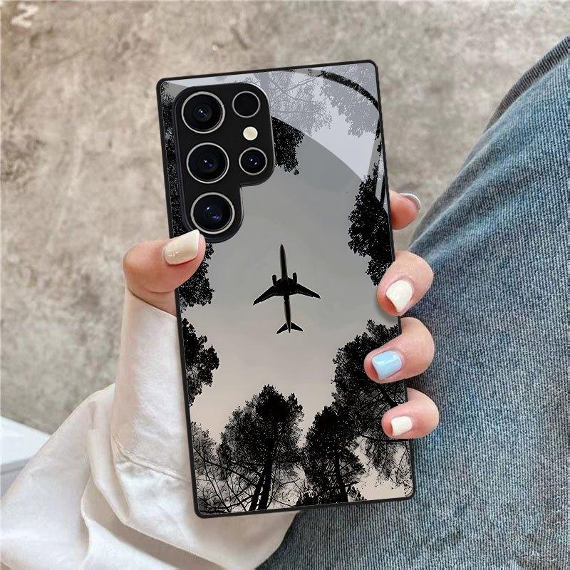 Airplane Forest Silhouette Printed Glass Phone Case Suitable for Samsung Galaxy S26 S25 S24 S22 S21 S20 FE Ultra Plus Anti Drop