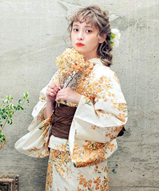 (Dita) Women's Yukata 5-Piece Set: Heiko Obi (sash), Red, Navy, White, Yellow, Camellia Flower, Retro Modern, Easy to Wear by One Person (2. Summer