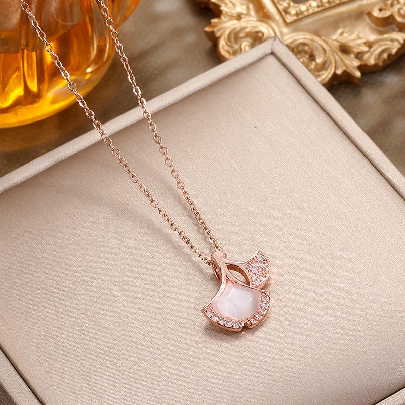 Fortunate Cat's Eye Titanium Necklace with Ginkgo Leaves & Zirconia - Perfect Best Friend Birthday Gift