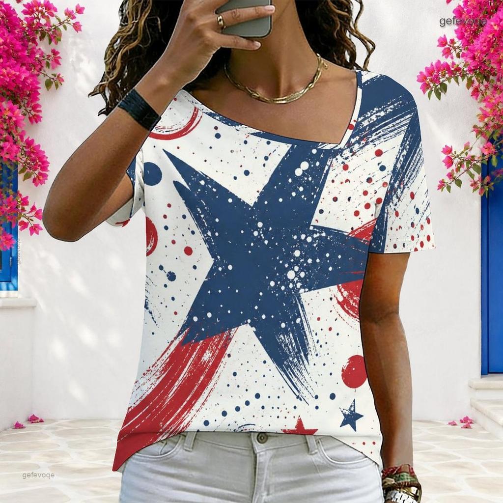 Women Plus Size Asymmetric Neck Short Sleeve Top Colorful Rainbow Heart Vibrant Art Print