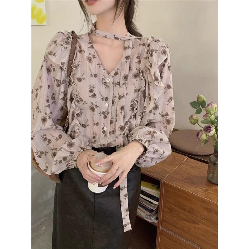 Lace Up Ruffle Edge Floral Shirt Women's Long Sleeve V-neck Female's Single Breaste Blouse French Gentle Lady's Chic Top