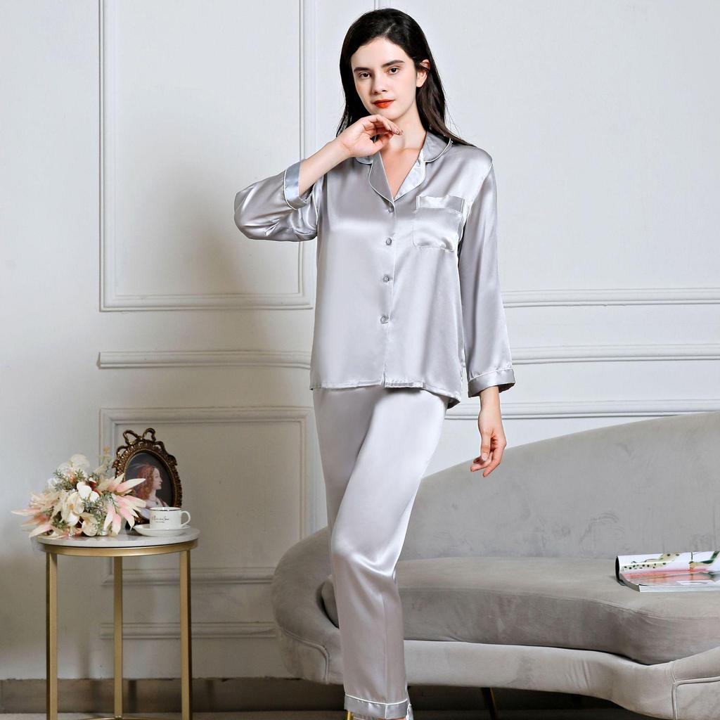 Women's Long Sleeve Silk Pajama Set - 100% Mulberry, Versatile for Spring/Summer, Indoor/Outdoor Wear