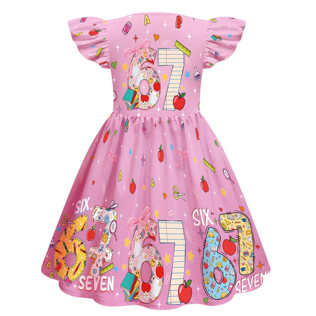 82838 Kids Girls Steal a Brainrot 67 Six Seven Print Ruffle Sleeveless Princess Dress