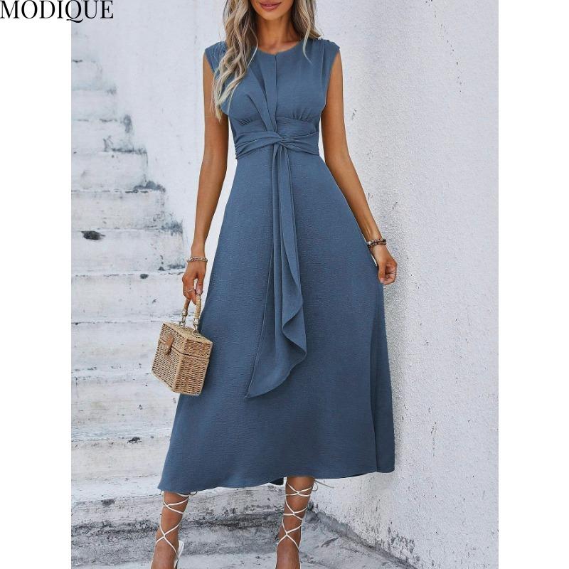 MODIQUE 2025 Summer Plus Size New Women's Casual Solid Color Off Shoulder Elastic Waist Sleeveless O-Neck Long Dress