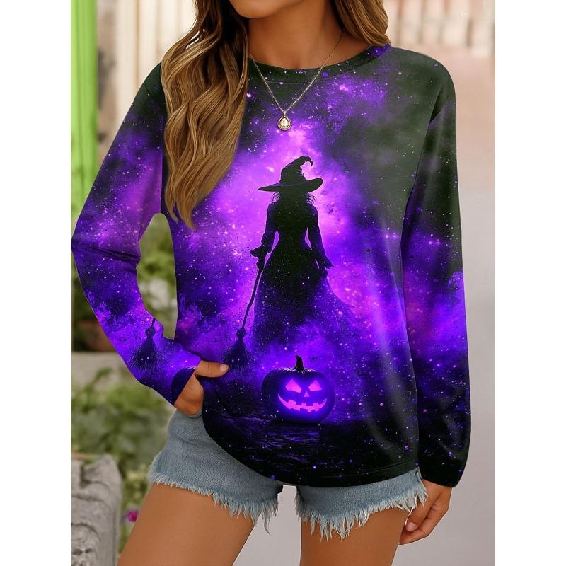 Women Casual Long Sleeve Tops Halloween Theme Witch Graphic Tee Shirts Blouse Crewneck Fall Winter Streetwear Style Y2k Pullover