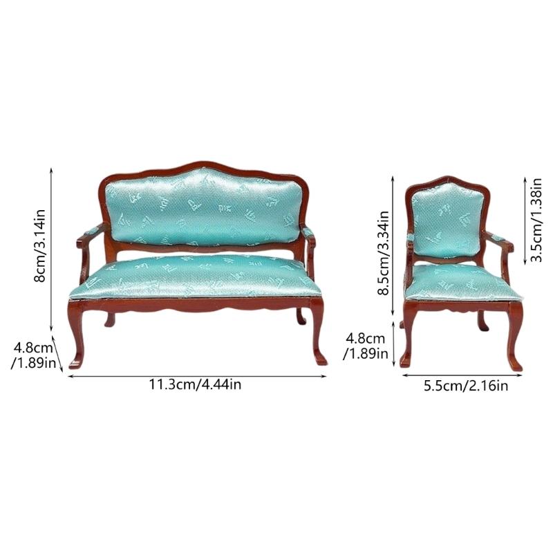Elegant Blue Floral 1:12 Scale Miniature Sofa Armchair Model Figurine Double Couch For Doll House Scene Setting Furniture