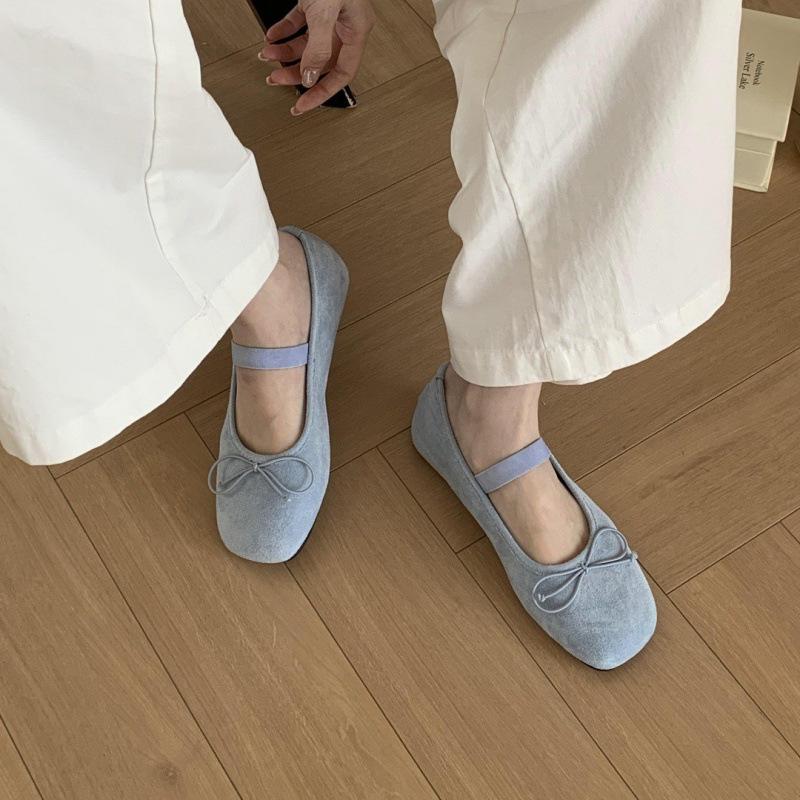 Spring and Summer Yellow Square Head Small Single Shoes Thick Soft Sole Women's Shoes New Bow Mary Jane Shoes Ballet Shoes