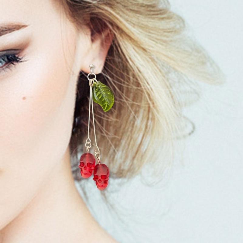 Gothic Skull Earrings in Fashionable Red Vampires Skull Style with Green Leaf Details for Fashion Forward Women