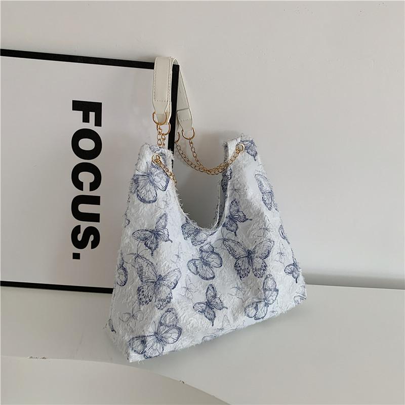 Модная большая холщовая сумка-тоут для женщин с кружевом и бабочками синий