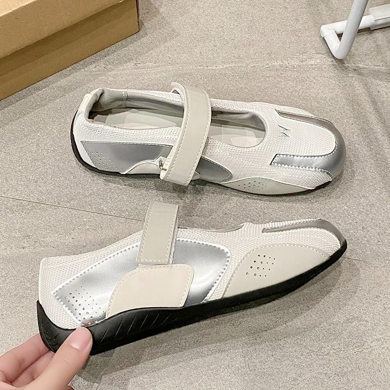 Myk Lær Utgave~ Nisje Sølv Mykt Lær Mary Jane Sneakers Dame Komfortable og Pustende Flat Bunn Funksjonelle Ballerinaer