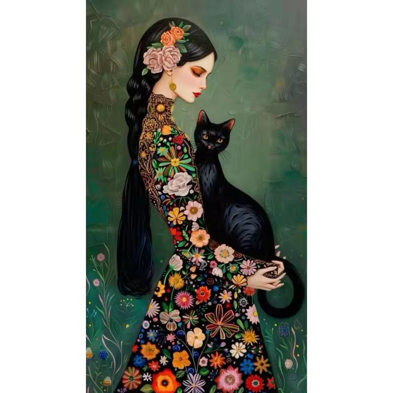 Creativity Beauty Women and Black Cat Canvas Paintings Wall Art Posters and Prints for Living Room Abstract Home Decor Mural
