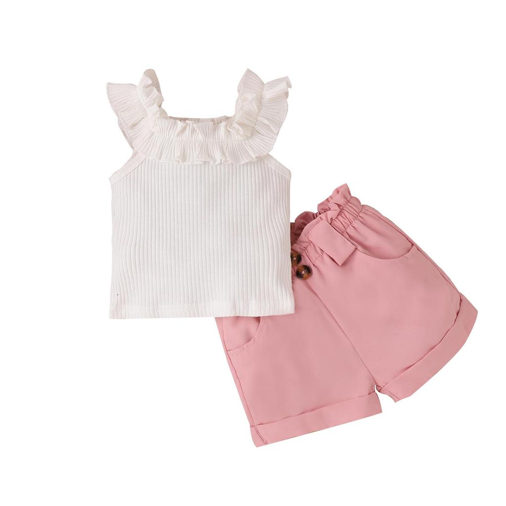 Toddler Girls Summer Outfit Sets White Sleeveless Ruffle Ribbed Tops + Solid Color Shorts