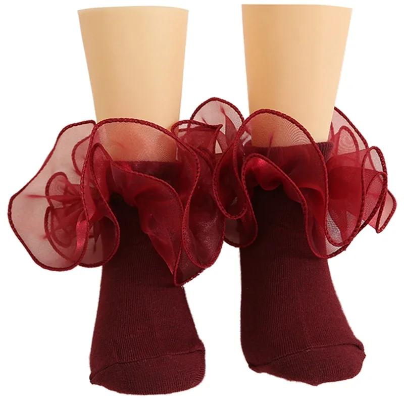 Girls Puffy Lace Socks Kids Combed Cotton Ruffled Trim Solid Ankle Socks Baby Girl Skirt Outfit Accessories
