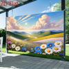 2D Spring Meadow Tapestry for Living Room, Colorful Wildflowers and Mountain Landscape