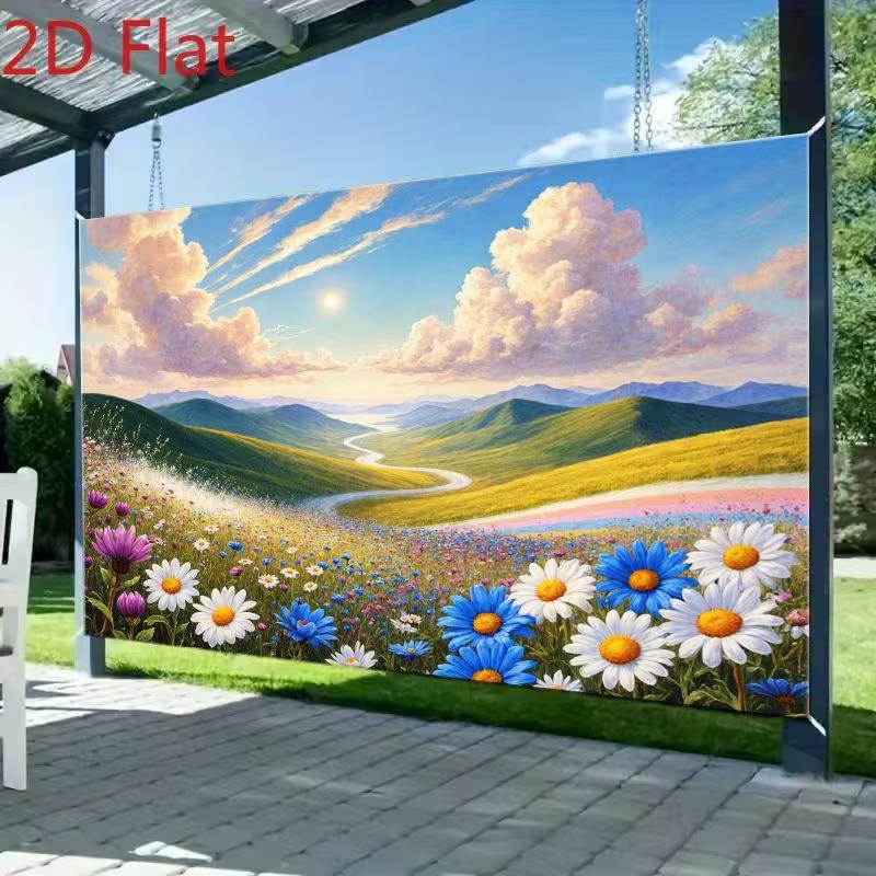 2D Spring Meadow Tapestry for Living Room, Colorful Wildflowers and Mountain Landscape