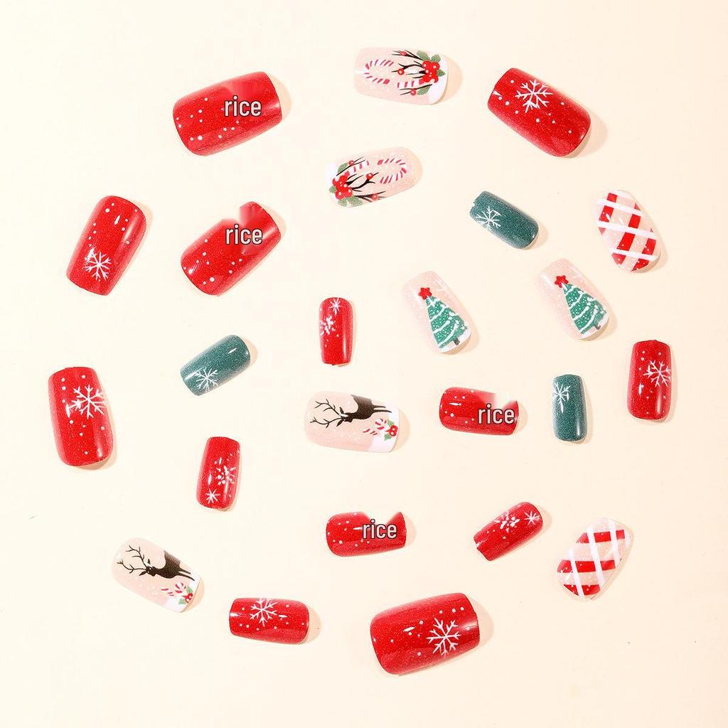 Elk Red & White Snowflake Wearable Christmas Tree Nails - Detachable False Nails
