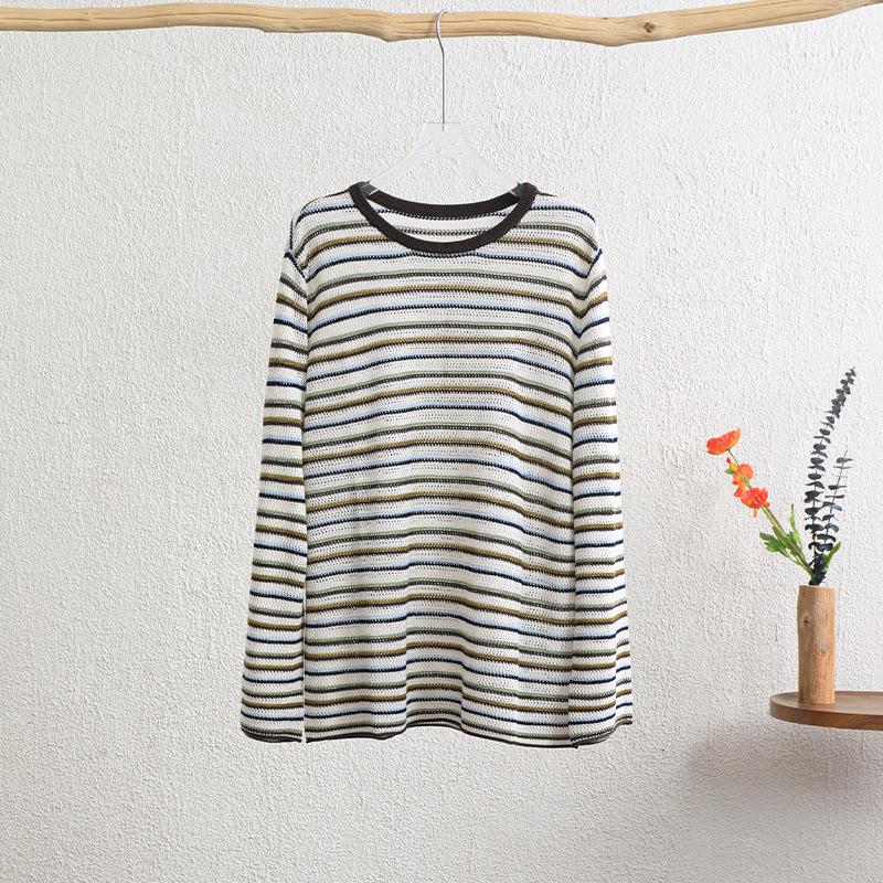 

Korean Style Casual Color Block Striped Knit Top - Loose Fit, Round Neck, Long Sleeve Medium