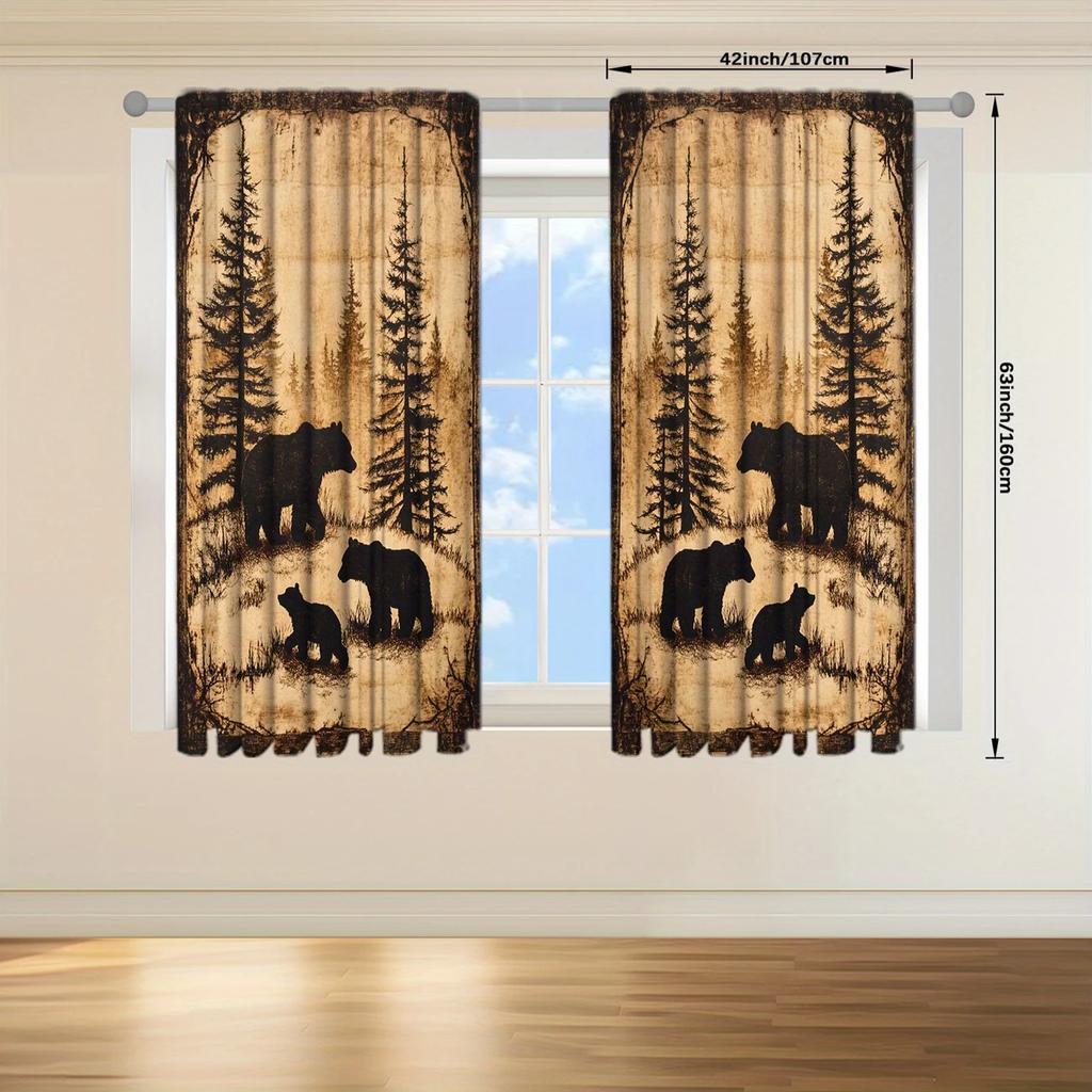 2Pcs- Retro Bear Silhouette Printed Curtains, Bedroom And Living Room, Home Decoration, Room Decoration