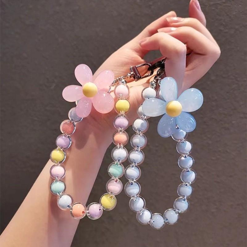 Cell Phone Lanyard Keychain on The Phone Macaron Color Beads Pendant Mobile Phone Rope Flowers Keychains Accessorie