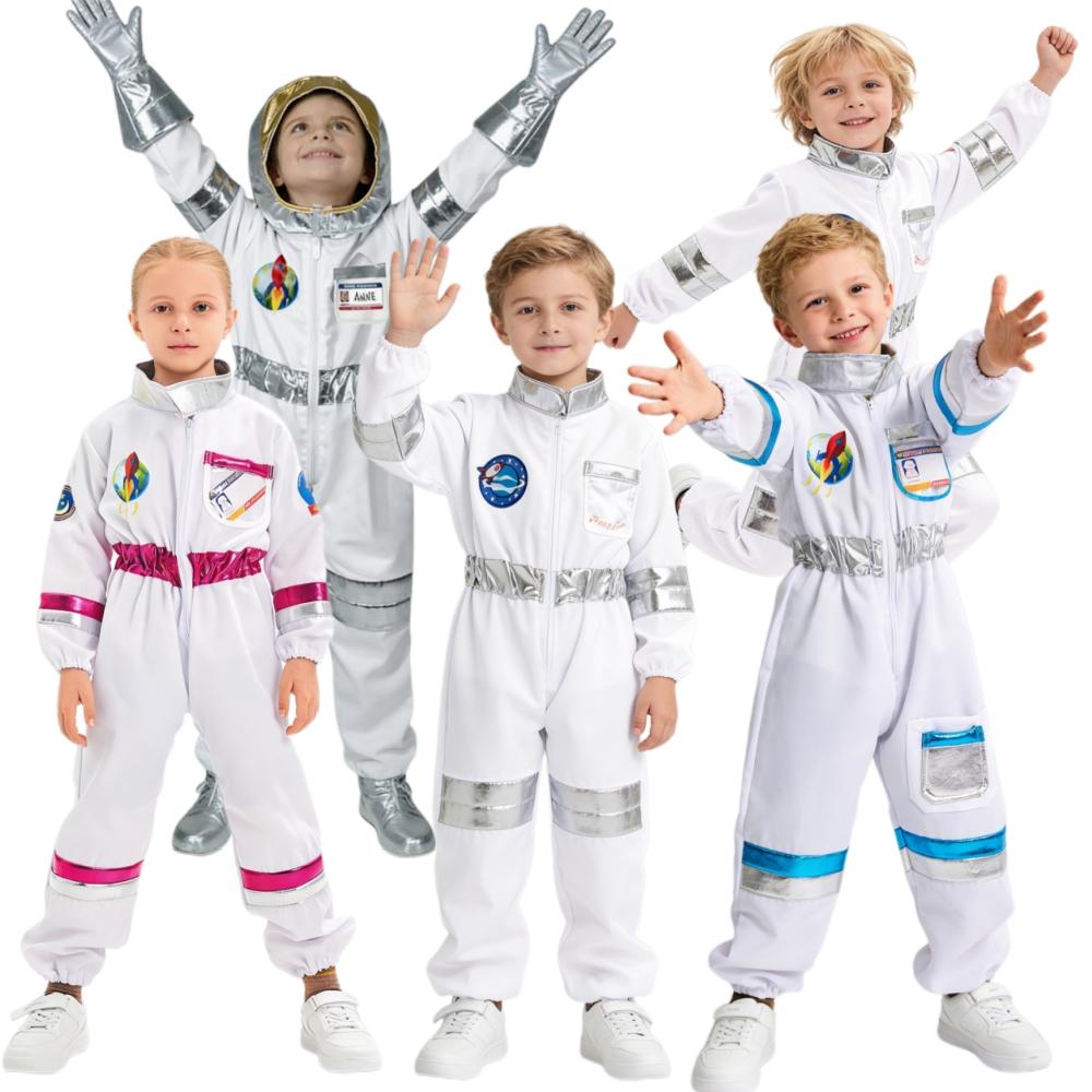 Market-3 Unisex White Halloween Astronaut Cosplay Costume Kids Boy Girl Jumpsuit Cartoon Space Party Spaceman Outfit Spacesuit Bodysuit Clothing 80-100Cm