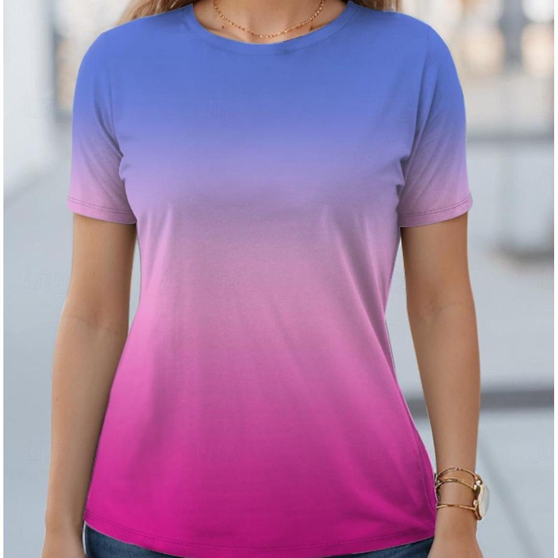 

Summer Round Neck 3D Gradient Print T-shirts Fashionable Casual Short Sleeved Women s T-shirts XS