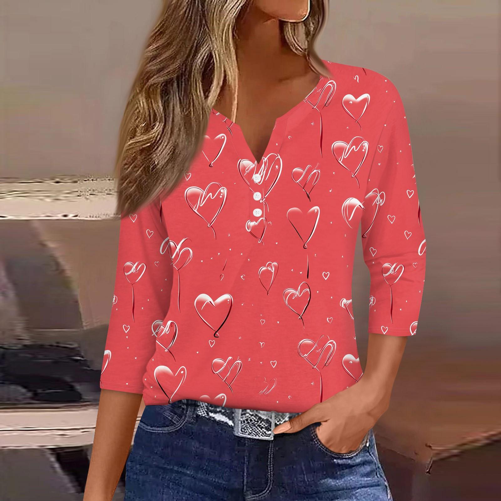 

Женский повседневный универсальный топ с V-образным вырезом и рукавом три четверти на пуговицах с принтом ко Дню святого Валентина M розовый