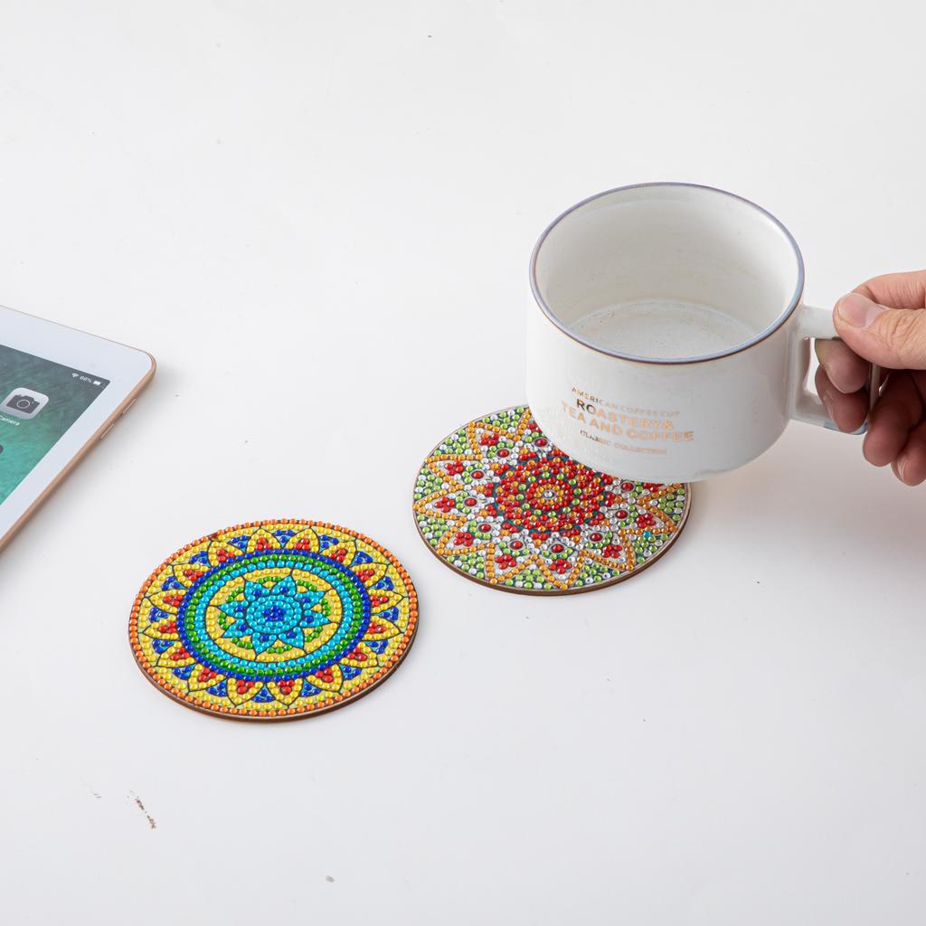 GATYZTORY 6 יחידות/סטים ציור יהלומים DIY תחתיות לכוסות מנדלה אמנות פסיפס לא מחליקה כרית לכוסות עם מתלה ציורי אבני חן קישוט