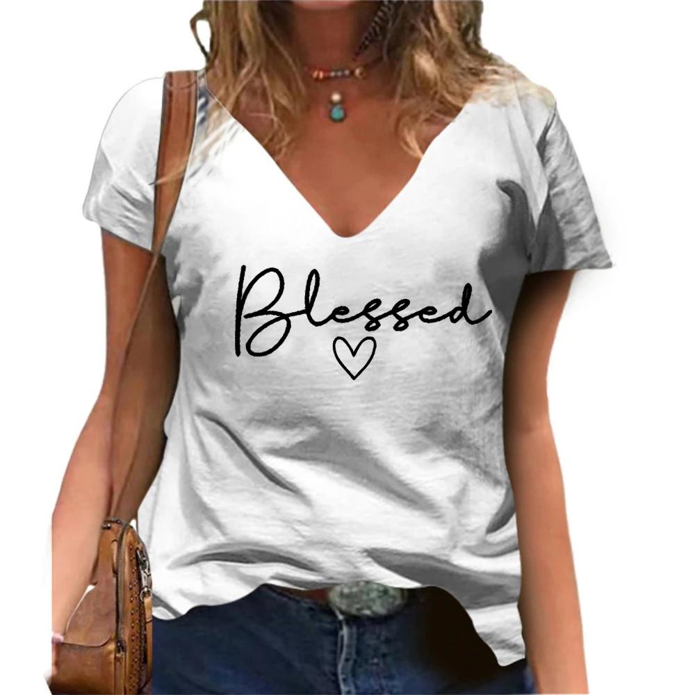 Gesegnetes bedrucktes V-Ausschnitt T-Shirt lässig kurzärmlig Damenmode Streetwear Oversized V-Ausschnitt