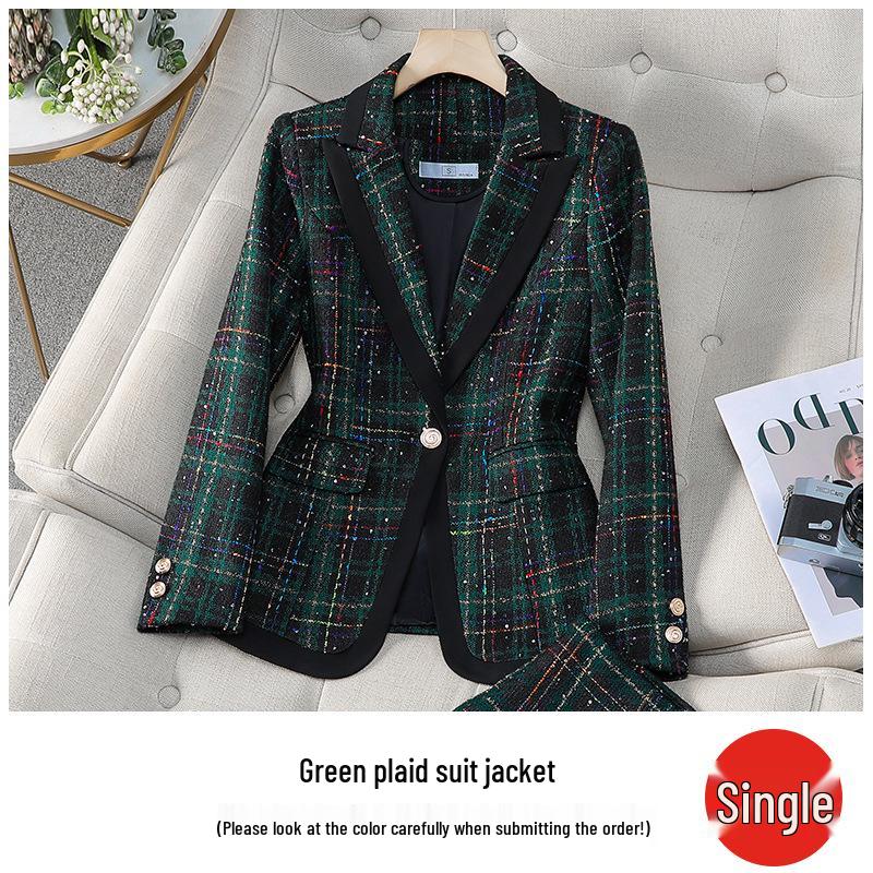 Zihong Women's Green Plaid Blazer: New 2024 Slim-Fit for Autumn/Winter