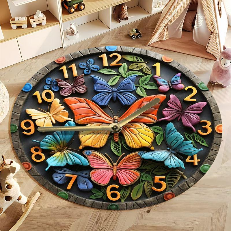HD butterfly-themed 3D wall clock printed Rug, non-slip decor mat for children's room round carpet for home sofa bedroom, gift
