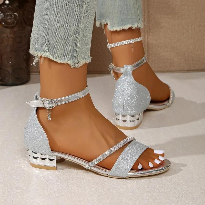 2025 Summer Plus Size Women's Modern Cover Heel Sandals Ankle Buckle Strap Shoes Bling Crystal Low Heel Dress Sandals