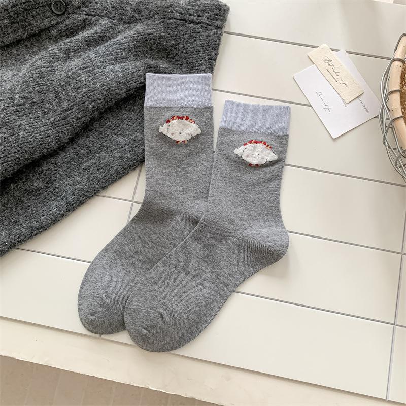 Autumn and Winter Socks for Women, Pure Cotton Striped Mid-calf Socks for Women, Cartoon Flocked Three-dimensional Socks for Women